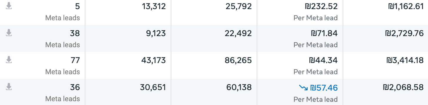 Meta Ads Manager: leads and cost per lead across four campaigns